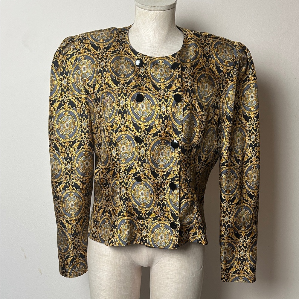 Vintage Christine Jaguin Black and Gold Versace vibe silk shirt jacket size 12